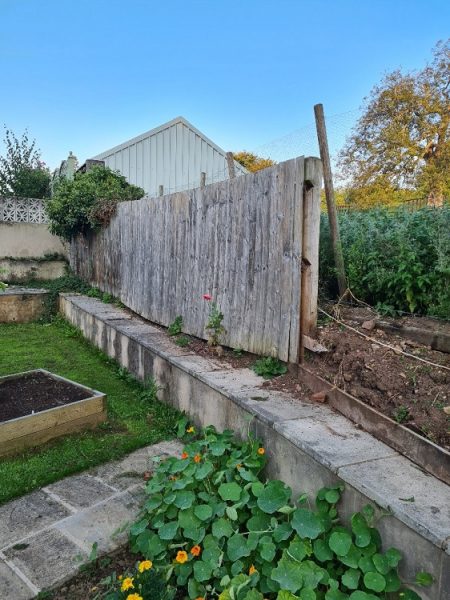 grey featheredge fence on a step.